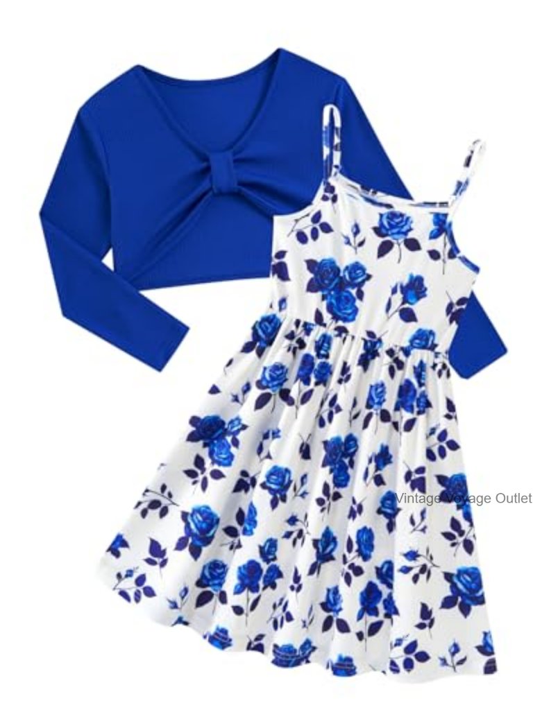 Girls 2 Piece Dress Set Printed Cami Dress With Cardigan